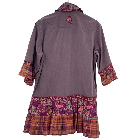 Custom Up-Cycled Tunic 3/4 Sleeves Button Up Ruffle Hem Mixed Print Purple | M/L - Picture 3 of 11